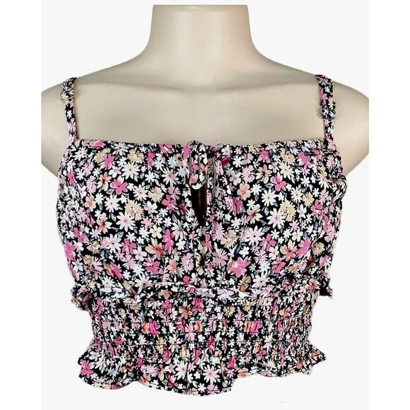Wild Fable Black Pink Yellow Floral Keyhole Front Ruche Ruffle Crop Top Small - Picture 1 of 10